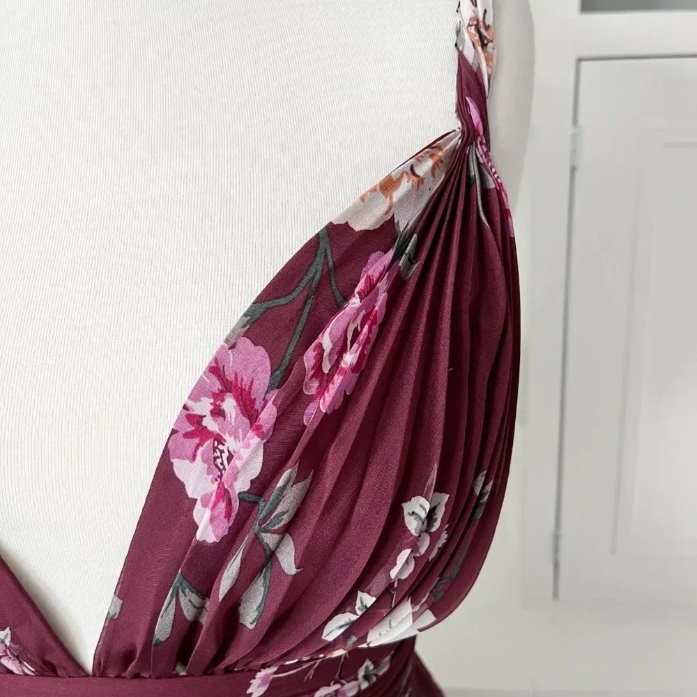 Jill Stuart | Burgundy Floral Print Pleated Zola Midi Dress | 0 - Picture 2 of 10